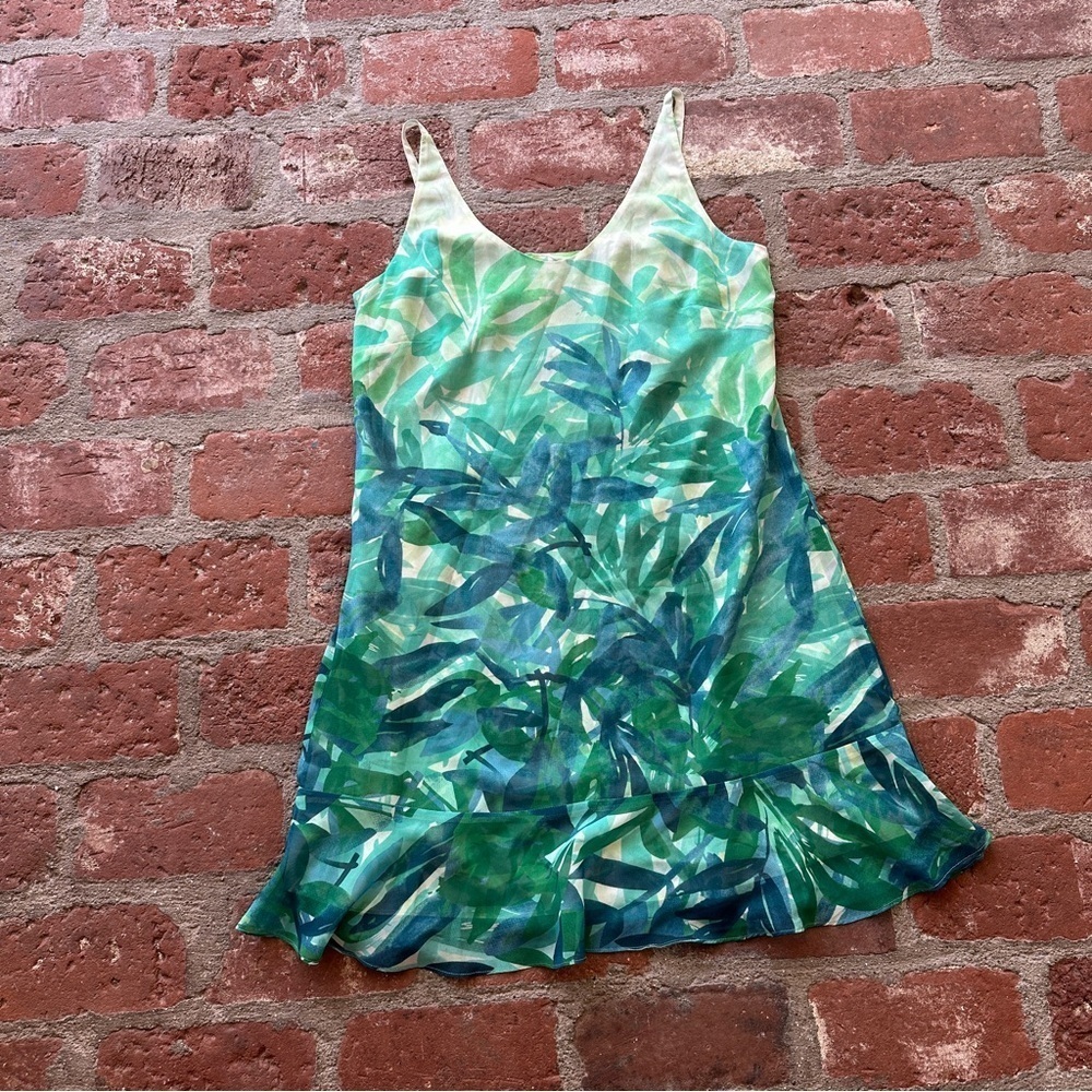 CAbi Green & Blue Leaf Print Frond Castaway Tropical Dress Women Size Medium